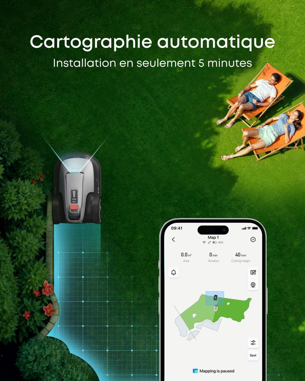 eufy E15 Robot tondeuse sans câble périphérique, sans coupure de signal, sans RTK, technologie TrueVision, navigation intelligente, jardin jusqu'à 800 m², tonte précise