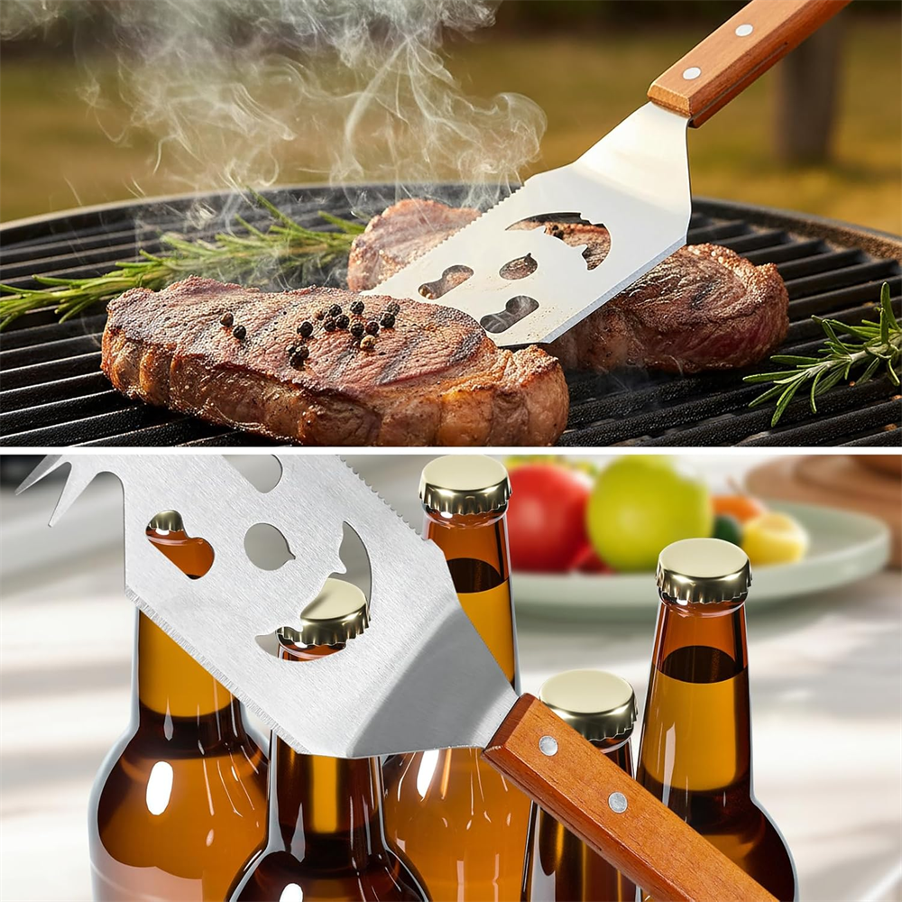 Huacan Set de 3 ustensiles de barbecue en acier inoxydable et manche en bois avec fourchette, spatule et pince à viande