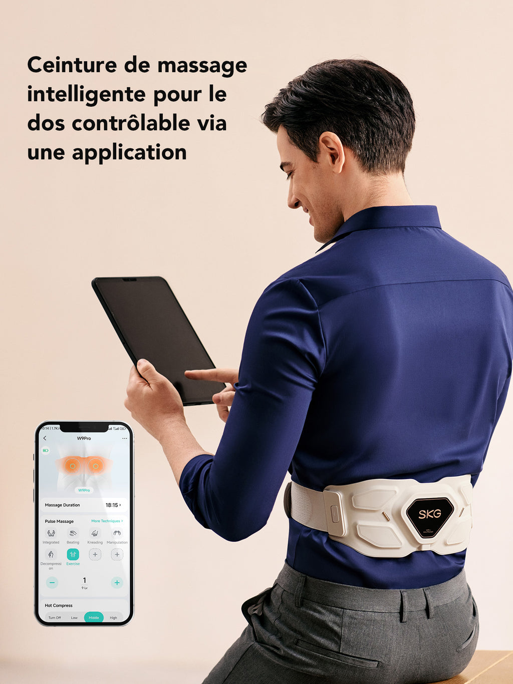 SKG W9 Pro Masseur de bas du dos Fréquence moyenne EMS+TENS + Lumière rouge 630 nm Moxibustion pour le soulagement de la douleur Cadeau pour partenaire