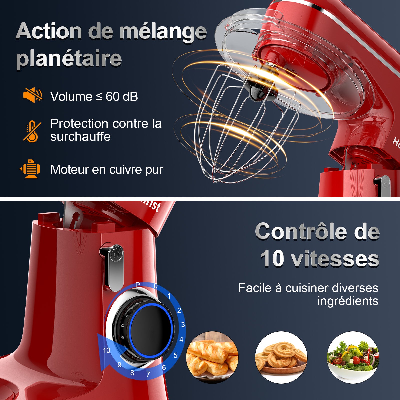 HONINST Robot pâtissier électrique à tête inclinable, 6,5 qt, 10 vitesses, robot de cuisine 3 en 1 avec bol, crochet pétrisseur, fouet et batteur plat