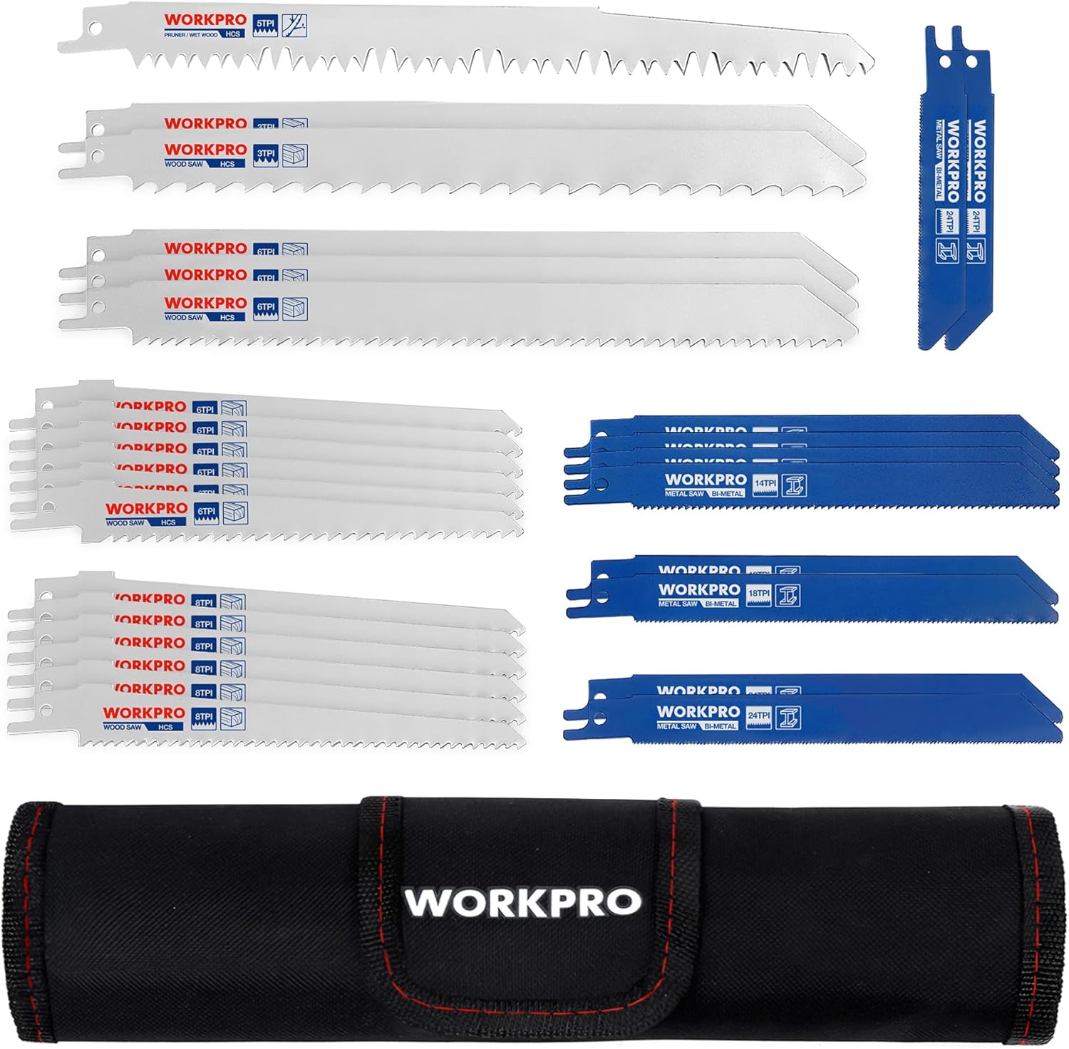 WORKPRO Lames de scie alternatives pour bois, métal et plastique, compatibles Bosch, Dewalt, Makita, Ryobi, Milwaukee, avec sac - 32 pièces