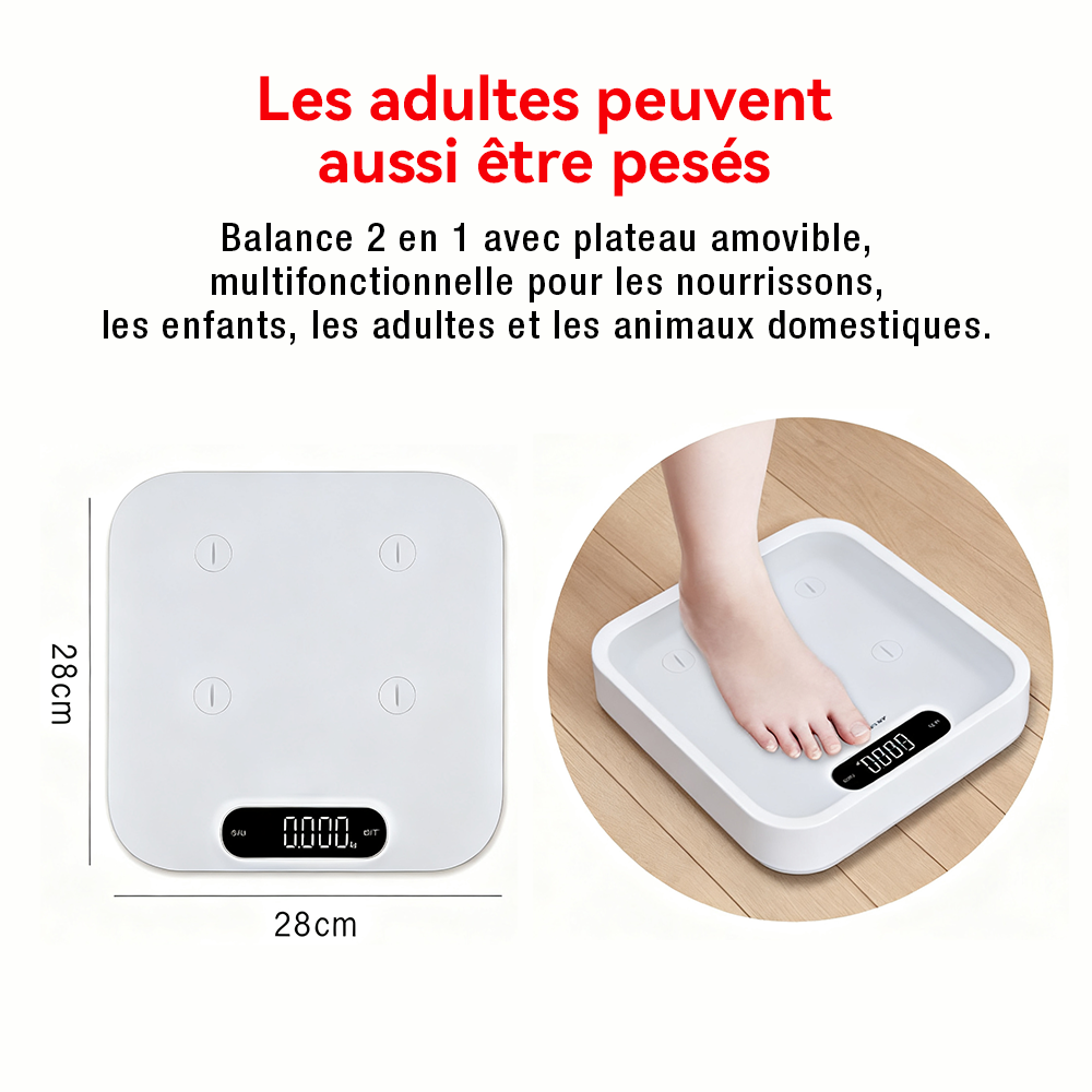 Sparoma ER7250 Pèse-bébé avec plateau amovible, précision 5 g/0,01 lb, maintien automatique, tare et comparaison, balance numérique universelle pour bébés, animaux de compagnie, tout-petits et adultes, capacité 180 kg/400 lb