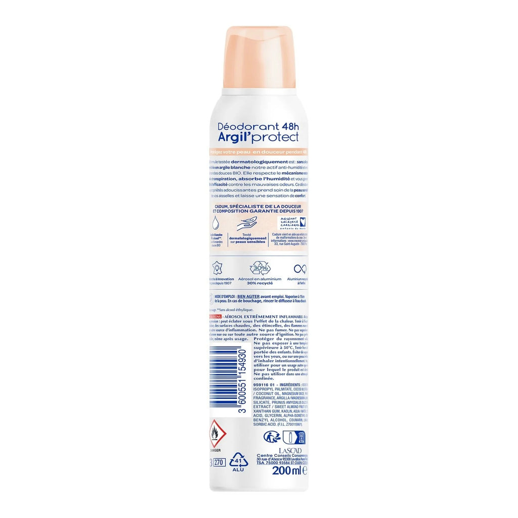Cadum Argil'Protect 48 h Déodorant Spray, Douceur Lactée & Fraîcheur Intense, 0 % d'Alcool, 200 ml