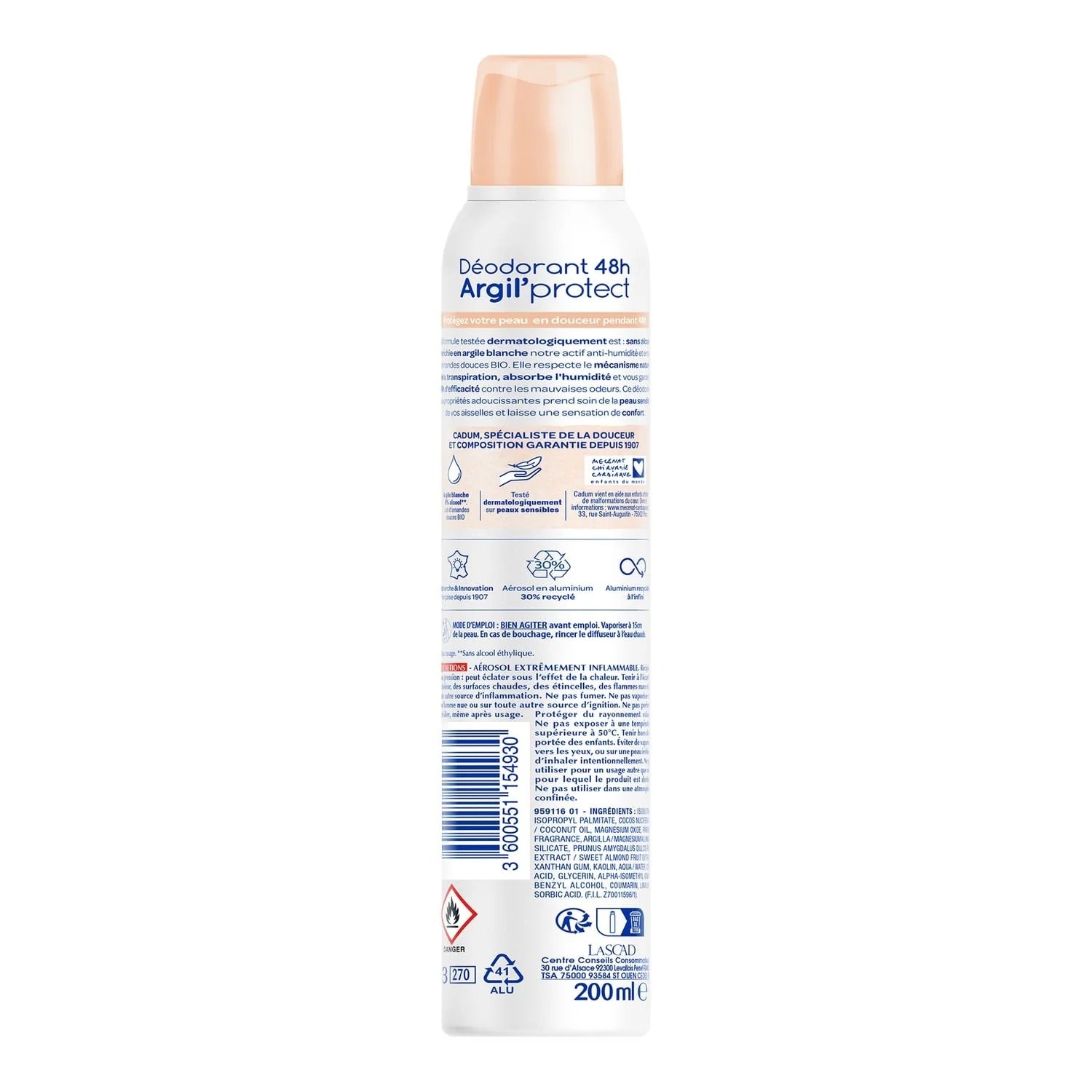 Cadum Argil'Protect 48 h Déodorant Spray, Douceur Lactée & Fraîcheur Intense, 0 % d'Alcool, 200 ml