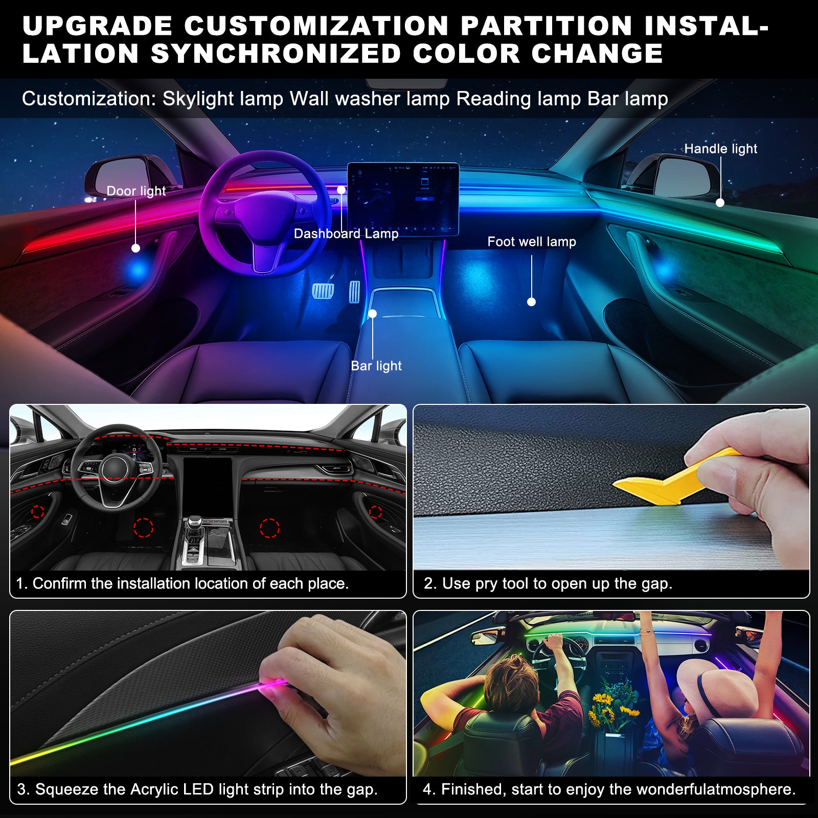 Dreamcolor Ruban LED en acrylique pour intérieur de voiture avec contrôle via application, RGB 14-en-1, 175 pouces, 593 LED néon et synchronisation musicale