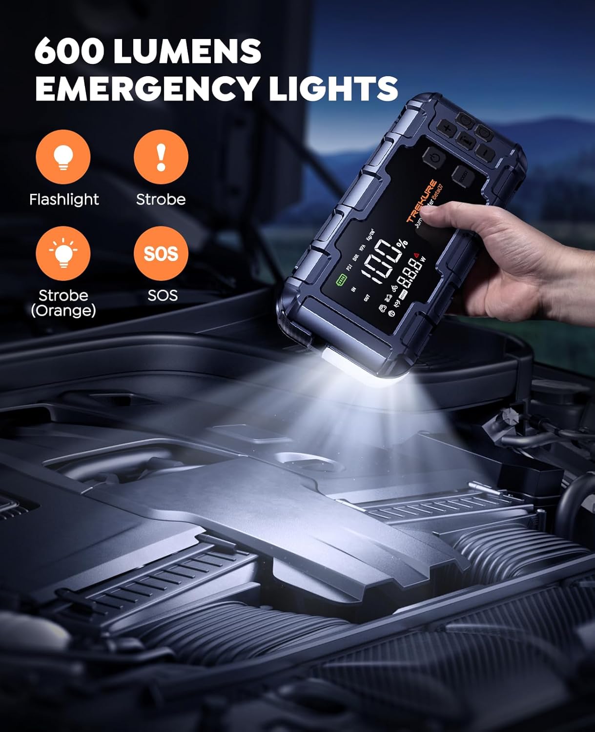 TREKURE Beta07 Démarreur de secours pour voiture 6000 A avec compresseur d’air 160 PSI, booster de batterie portable 12 V avec charge rapide PD 45 W, écran intelligent 3,3 po