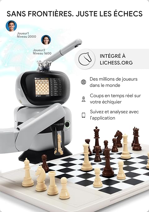 SenseRobot Adversaire intelligent pour jeu d’échecs – Robot d’échecs IA avec bras robotisé, 25 niveaux de difficulté IA, Plus de 1200 problèmes d’entraînement, Entraînement aux finales, Relecture de parties classiques, Guidage vocal, Intégration Lich