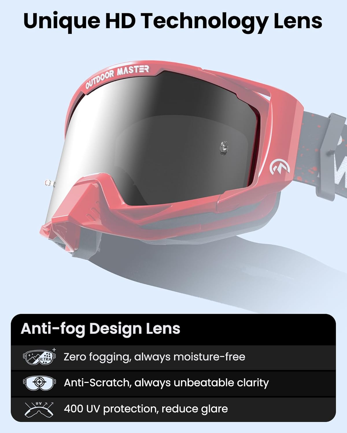 OutdoorMaster Mustang Lunettes OTG pour moto cross, pour hommes, femmes et adolescents, monture rouge, lentilles grises avec finition argent