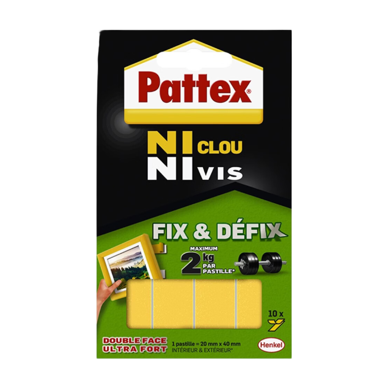 Henkel Pattex – Ni Clou Ni Vis Fix & Défix (10 pastilles de 20 x 40 mm) – Adhésif de fixation surpuissant facilement démontable – Adhésif double face pour toutes surfaces et objets