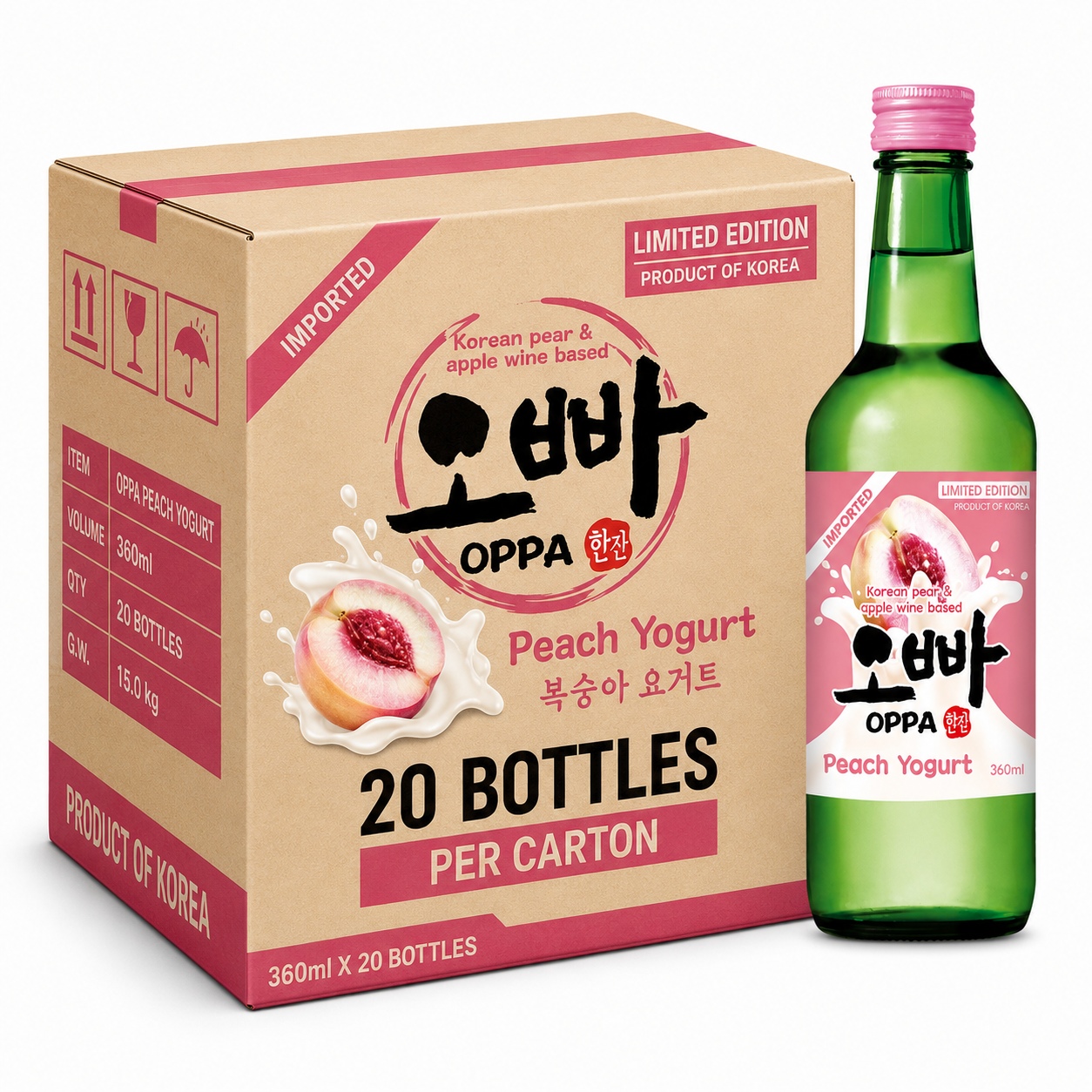 OPPA Soju saveur yaourt à la pêche 12 % - 20 x 360 ml