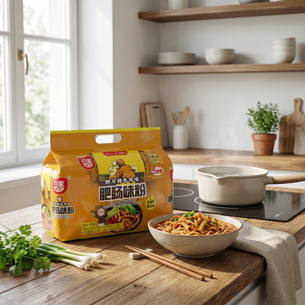 Bai Jia Nouilles saveur tripes de porc épicées, 5 paquets, 540 g