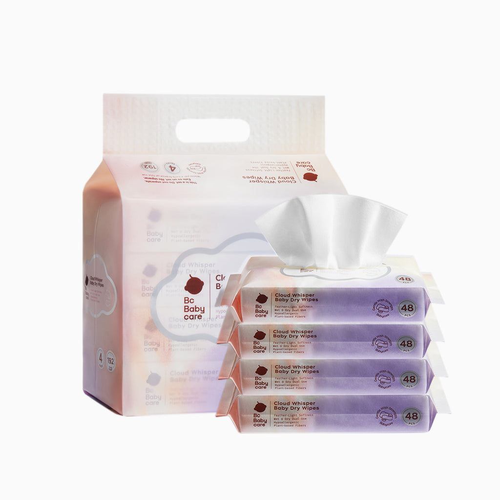 Bc Babycare Lingettes Visage Jetables, 192 Unités (48 Feuilles × 4 Paquets), Lingettes Sèches 200 × 200 mm pour Bébés et Adultes à Peau Sensible, Lingettes Visage Ultra-Douces à Double Usage Humide et Sec