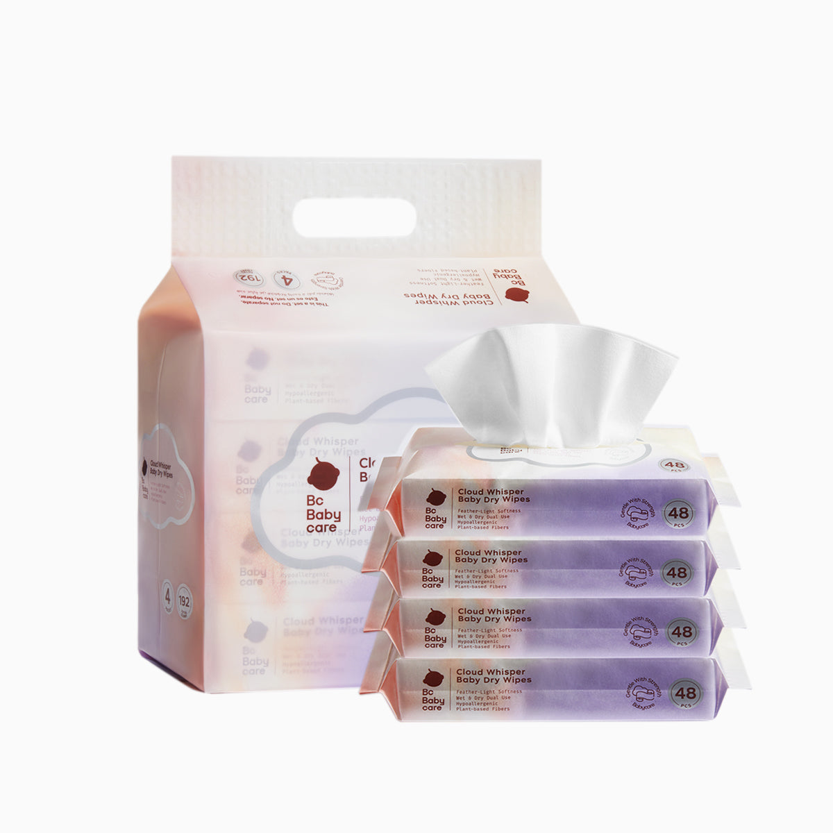 Bc Babycare Lingettes Visage Jetables, 192 Unités (48 Feuilles × 4 Paquets), Lingettes Sèches 200 × 200 mm pour Bébés et Adultes à Peau Sensible, Lingettes Visage Ultra-Douces à Double Usage Humide et Sec