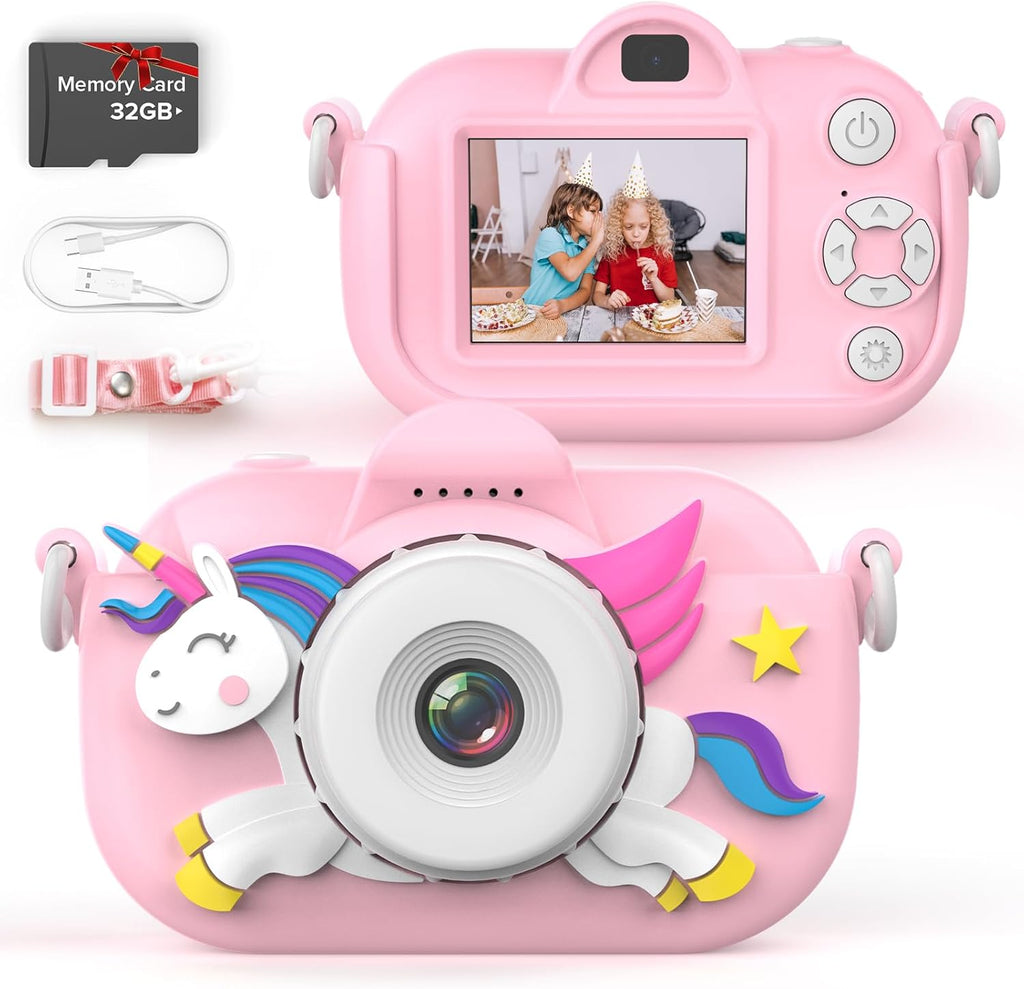 Songdian DC501J Appareil photo pour enfants avec étui souple à motif dessin animé Rose