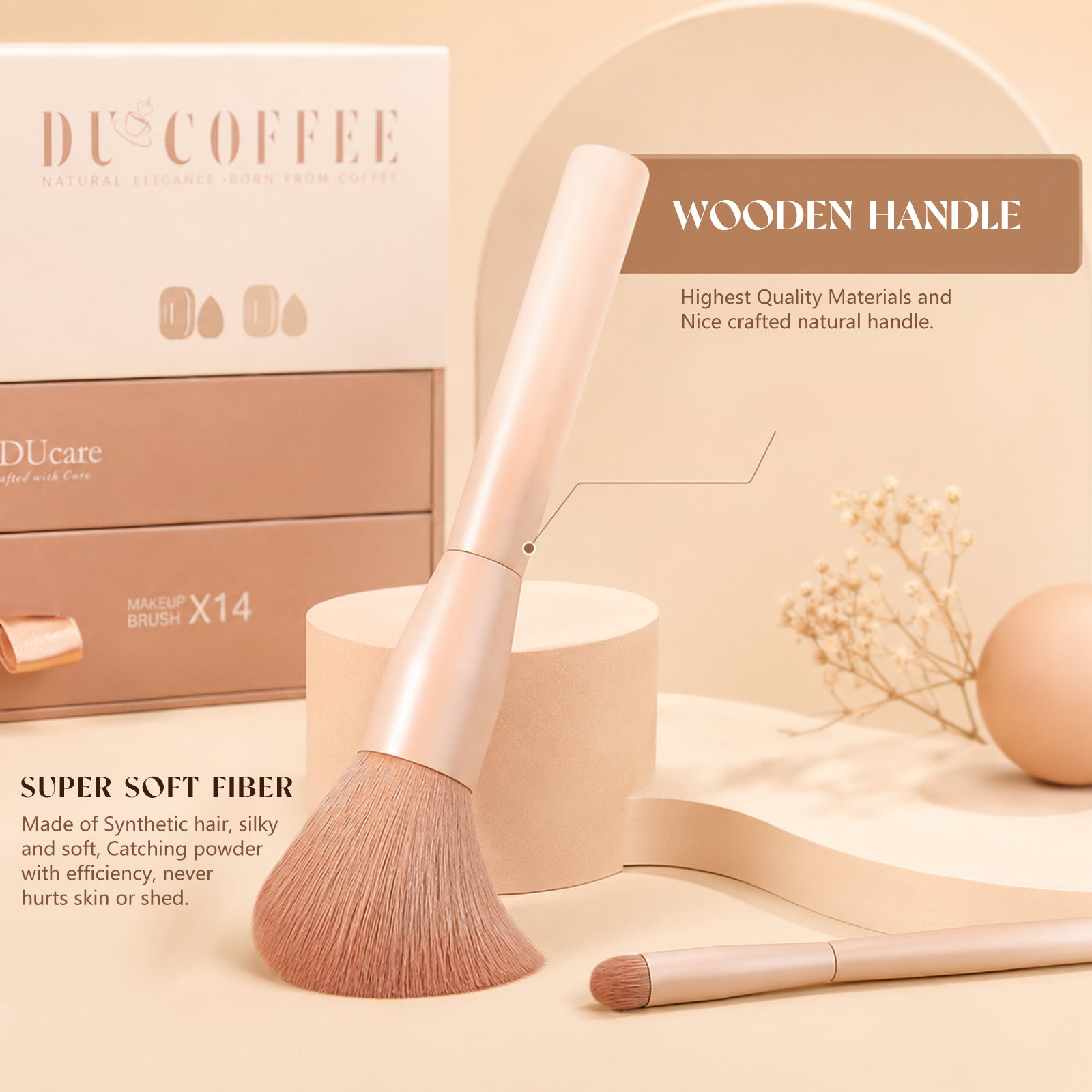 DUcare Série Café Pinceaux de Maquillage de Luxe 14 Pcs et 3 Pcs Éponges à Maquillage pour Cadeaux de Fêtes avec Élégante Boîte Cadeau