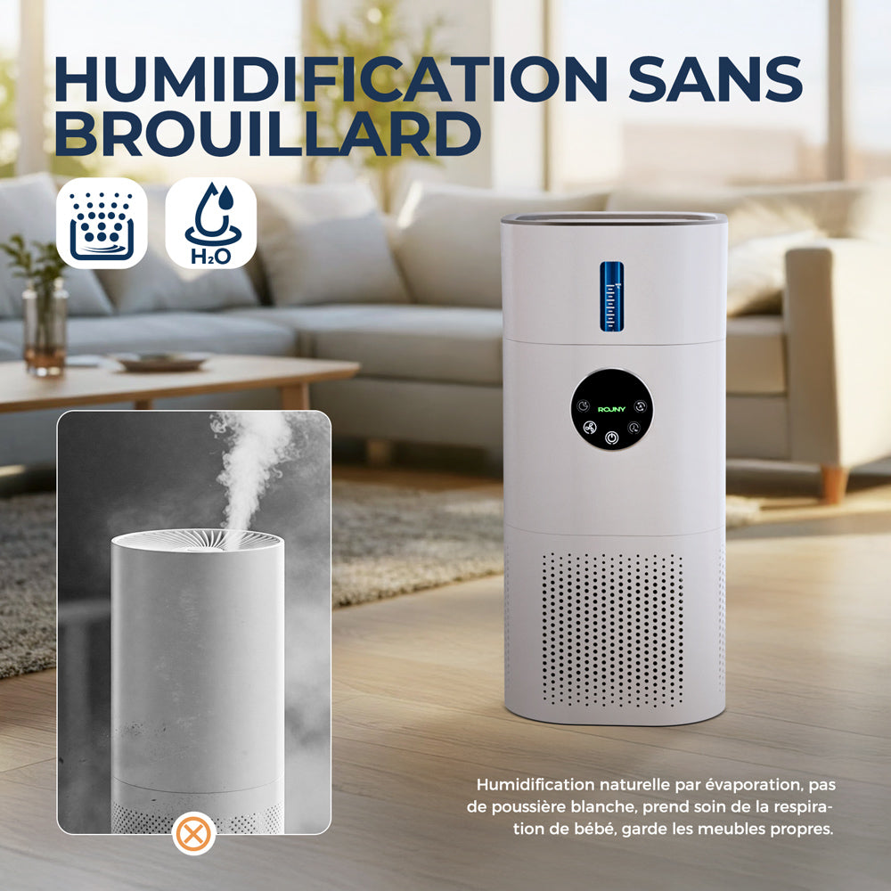 ROUNY Combo purificateur d'air et humidificateur 2-en-1, filtre HEPA H13, CADR 150 m³/h, couverture 20-50 m², mode veille ≤25 dB, affichage de la qualité de l'air