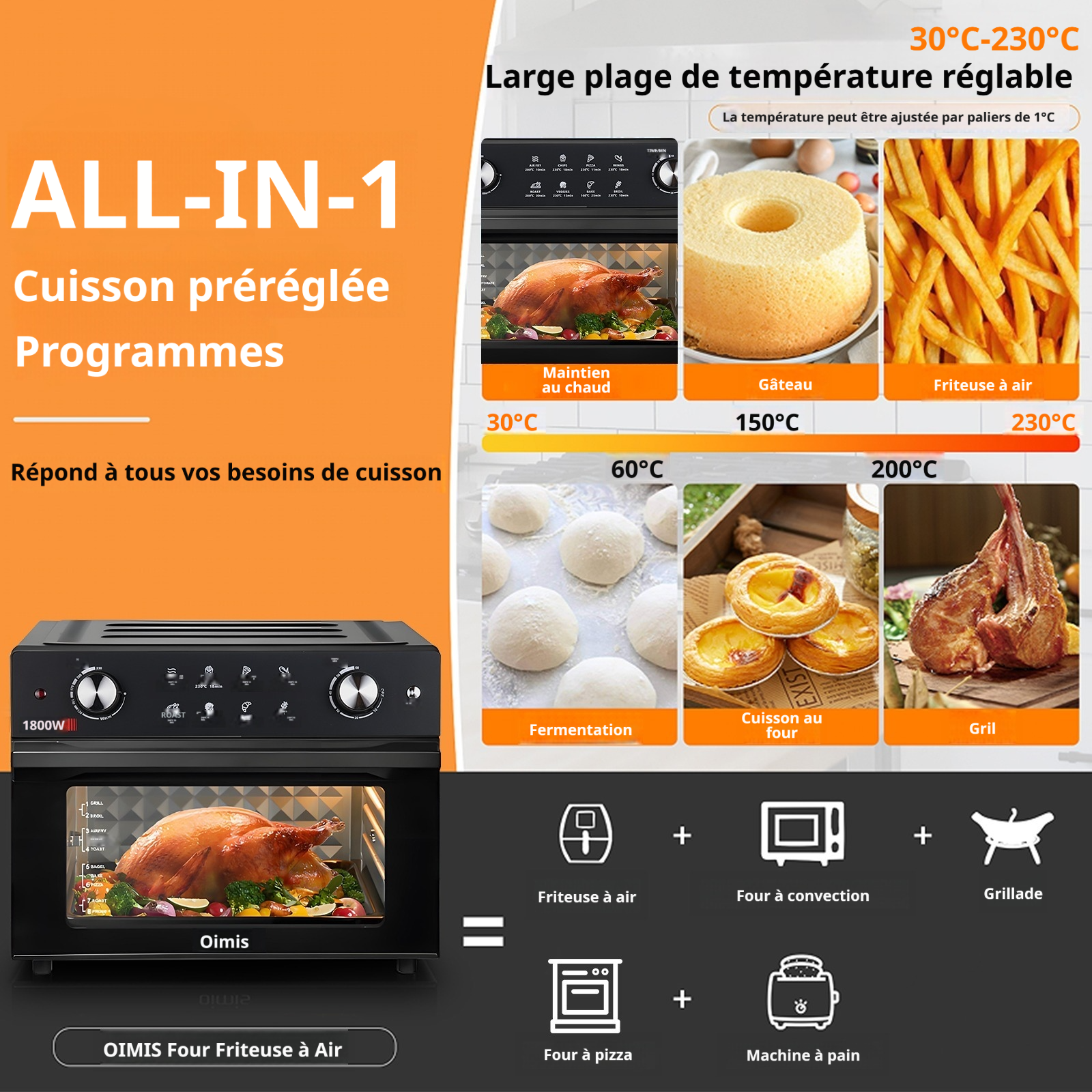 OIMIS Combiné friteuse sans huile et four à chaleur tournante 30 L, format familial, convient pour une pizza de 13 pouces, 1800 W, Noir