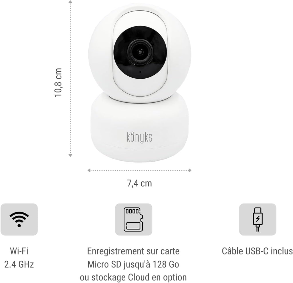 Konyks Camini 2 Caméra de Surveillance Intérieur motorisée PTZ Wi-Fi Sirène intégrée Détection Sons et Mouvements, Blanc