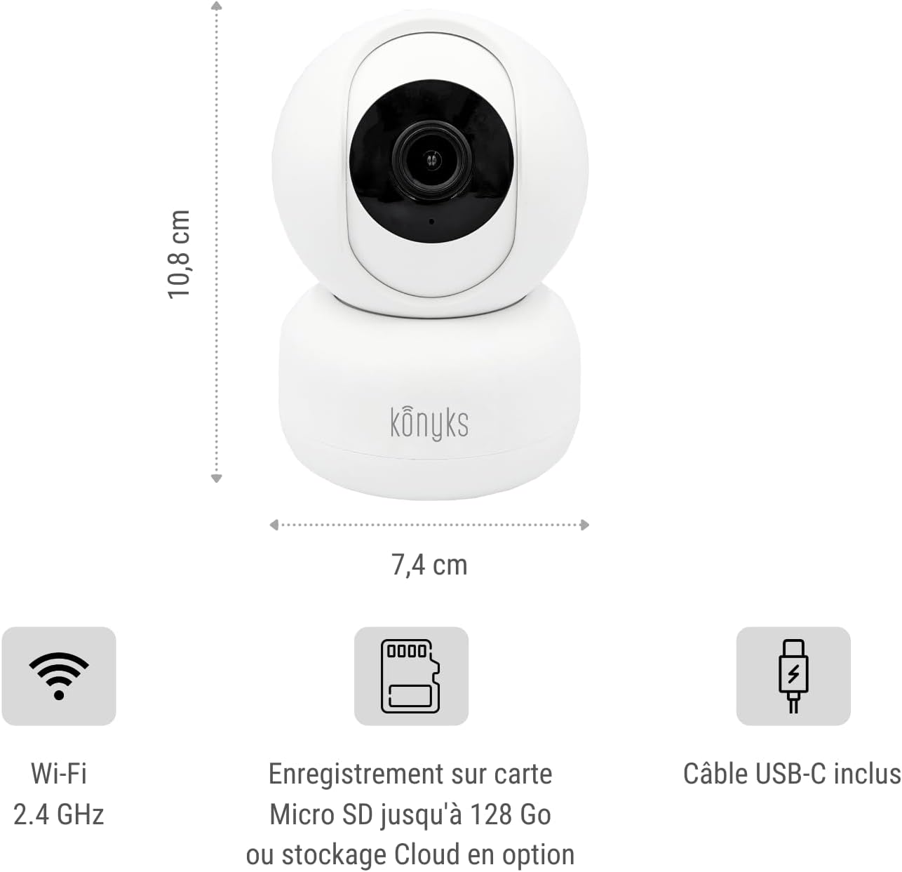 Konyks Camini 2 Caméra de Surveillance Intérieur motorisée PTZ Wi-Fi Sirène intégrée Détection Sons et Mouvements, Blanc