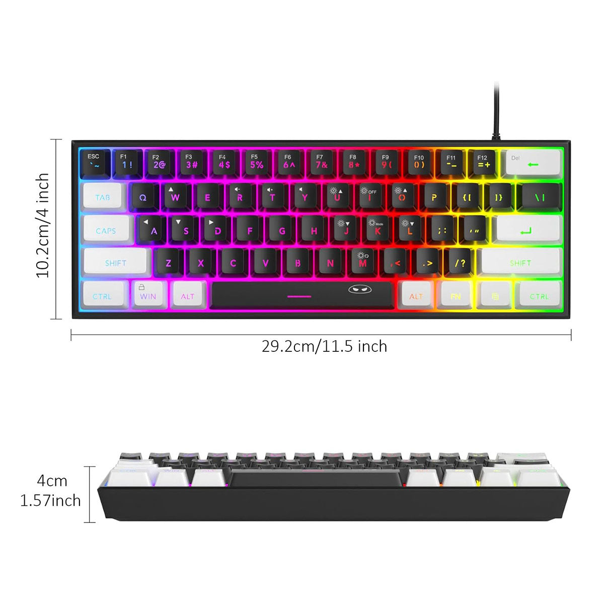 MageGee TS91 clavier de jeu filaire 60 %, disposition QWERTY US, rétroéclairage RGB, 61 touches, ultra-compact, TS91 ergonomique, étanche, à effet mécanique, pour PC, Mac, PS4, Xbox One, gamer (Blanc/Noir)