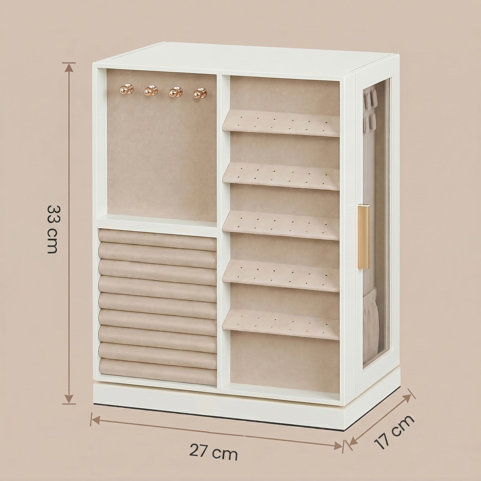 JOYFURNOS Organisateur de bijoux rotatif à 360°, Boîte de rangement verticale avec fenêtre en verre, 7 tiroirs, Idée cadeau, Blanc