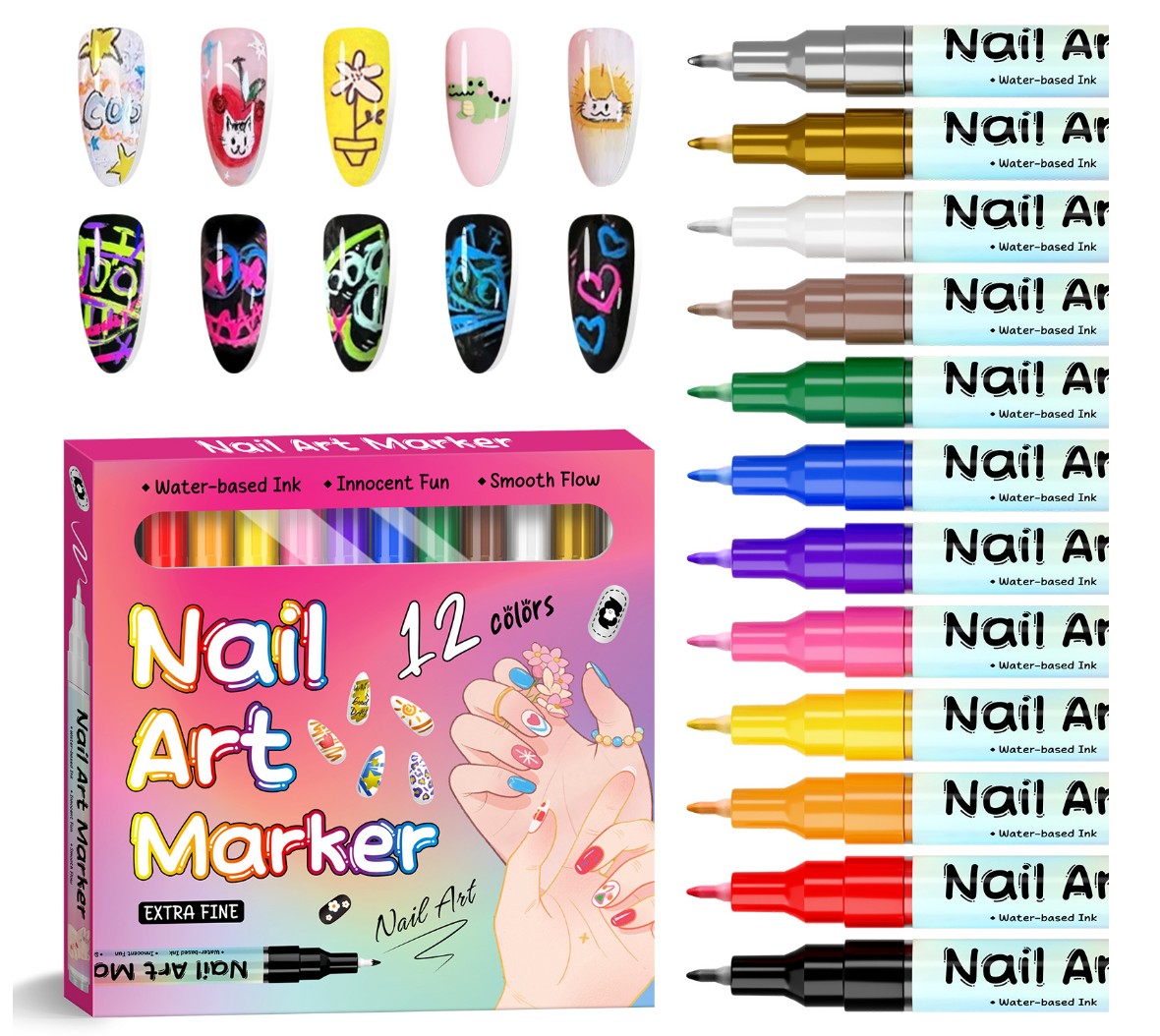 Lot de 12 stylos de vernis à ongles 12 couleurs 3D 0,5 mm outils de pointillage stylos de peinture acrylique stylo traceur à pointe pour dessin et peinture résistants à l'eau et à