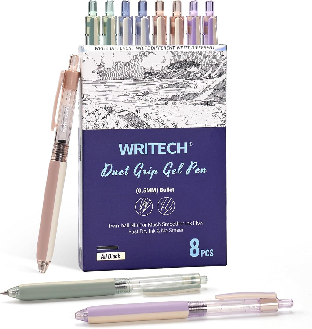 WRITECH Lot de 8 stylos rétractables à encre gel noire - 0,5 mm