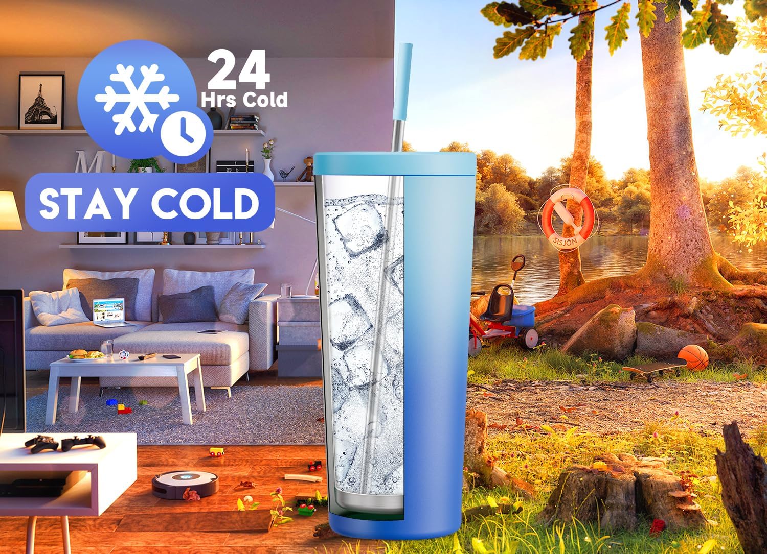 Meoky Gobelet isotherme 24 oz avec couvercle et paille, Gobelet isotherme sous vide en acier inoxydable, Garde le froid 24 heures, 100 % étanche, Compatible porte-gobelet de voiture Bleu ciel