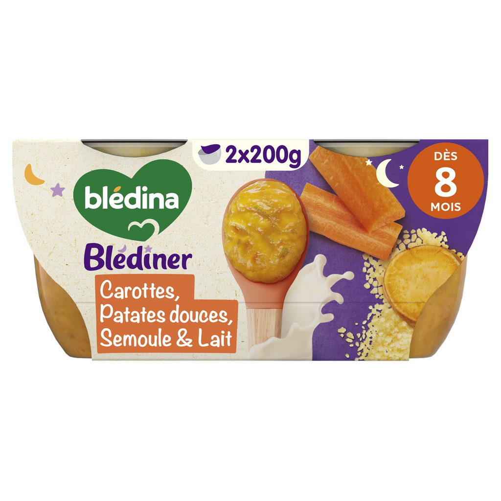 BLEDINA Blédiner Carotte Patate Douce Semoule Lait Repas Bébé Dîner Dès 8 Mois 2x200 g