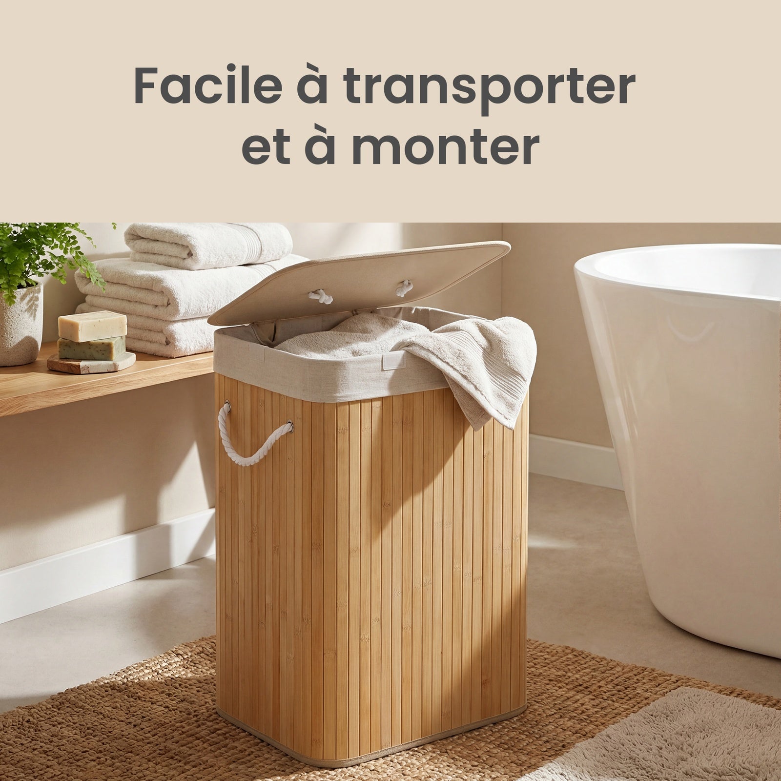 JOYFURNOS Panier à linge avec couvercle, panier de lavage pliable en bambou avec sac doublure amovible et cadre en bois solide, grande capacité de 72L, taille gain de place 40x30x61cm, idéal pour chambre, salle de bain, buanderie, dortoir, Naturel