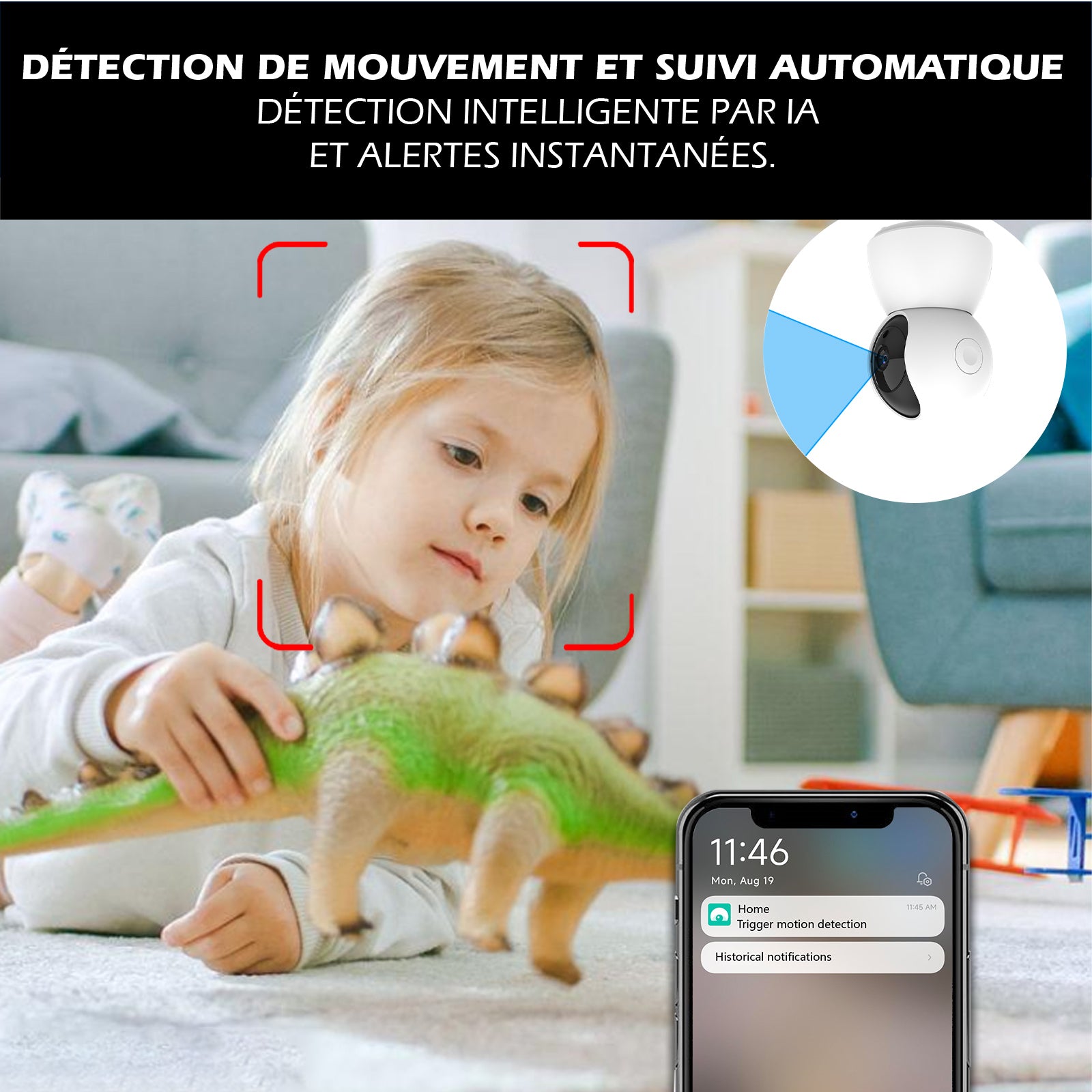 KYF Caméra de sécurité intérieure filaire rotative motorisée Full HD 4 MP avec P/T et sirène d'alarme intégrée