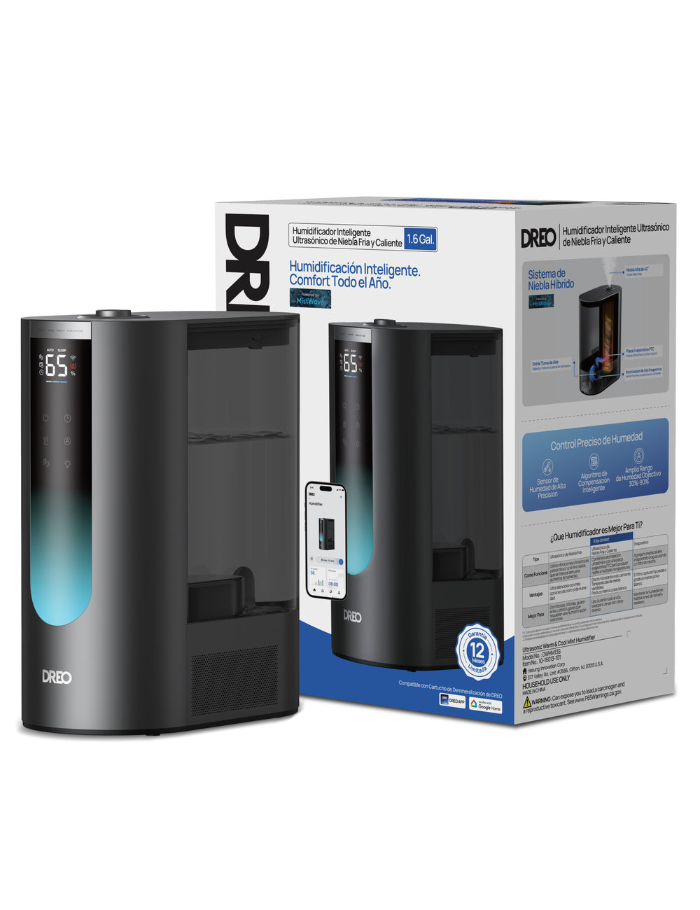 DREO Humidificateur ultrasonique intelligent, 6 L, 500 ml/h, brume chaude et froide, contrôle App, régulation humidité 5 %, doubles diffuseurs d'arômes, HHM013S