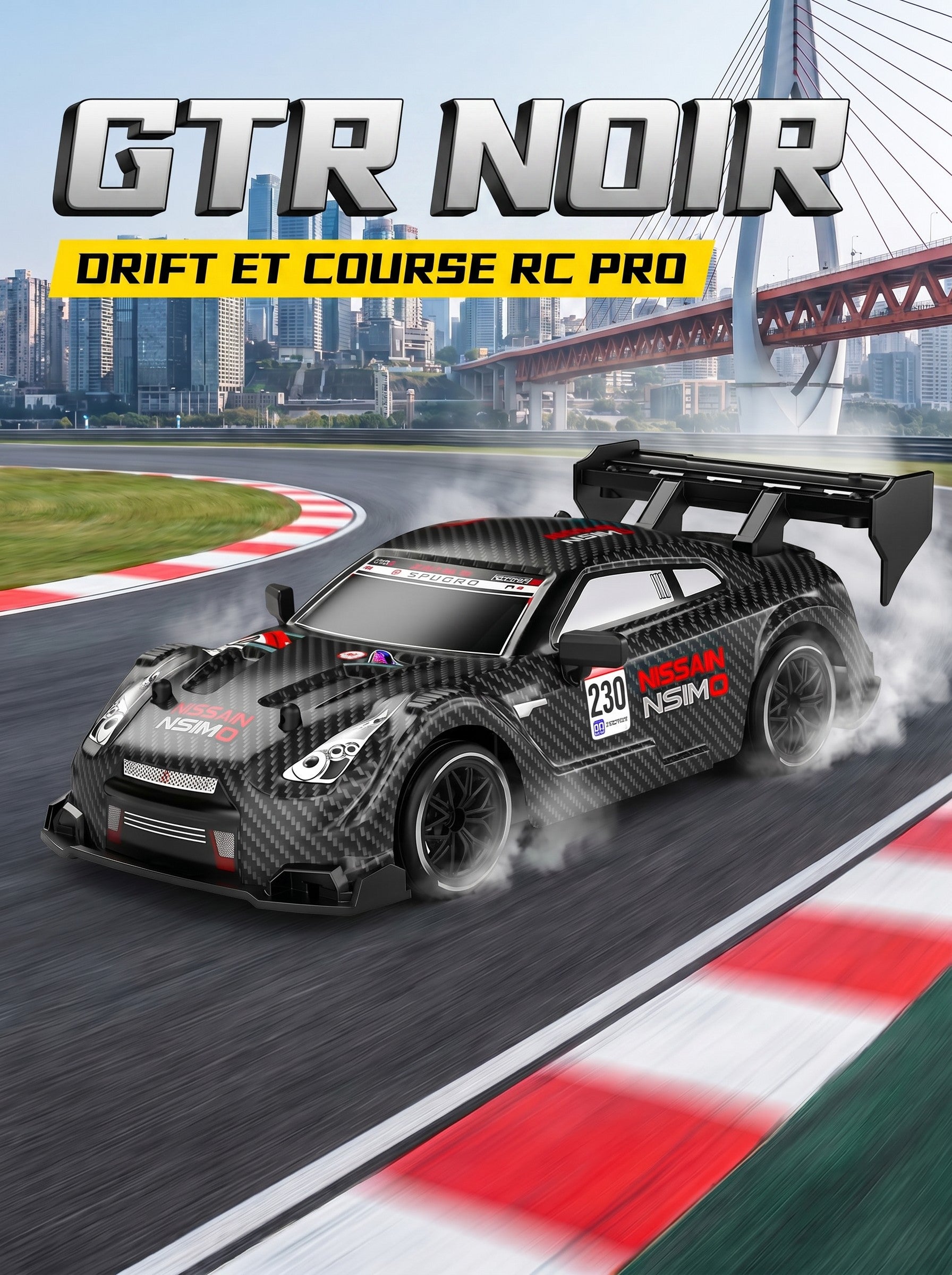 Voiture de Drift RC 4WD GTR 1:24, Vitesse Proportionnelle 2,4 g, Pneus à Double Montage, Châssis à Absorption des Chocs, Jouet de Course Intérieur pour 8 Ans et Plus, One Piece en Noir