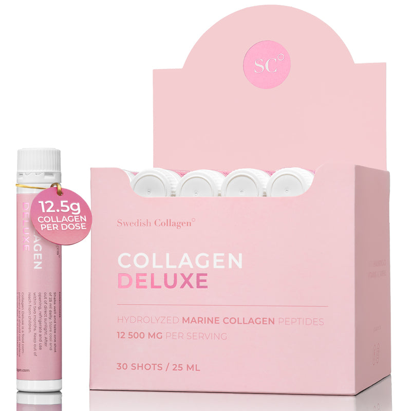 Swedish Collagen Ampoules buvables collagène de luxe, 30 x 25 ml, Complément liquide de collagène, 12 500 mg de collagène marin avec acide hyaluronique