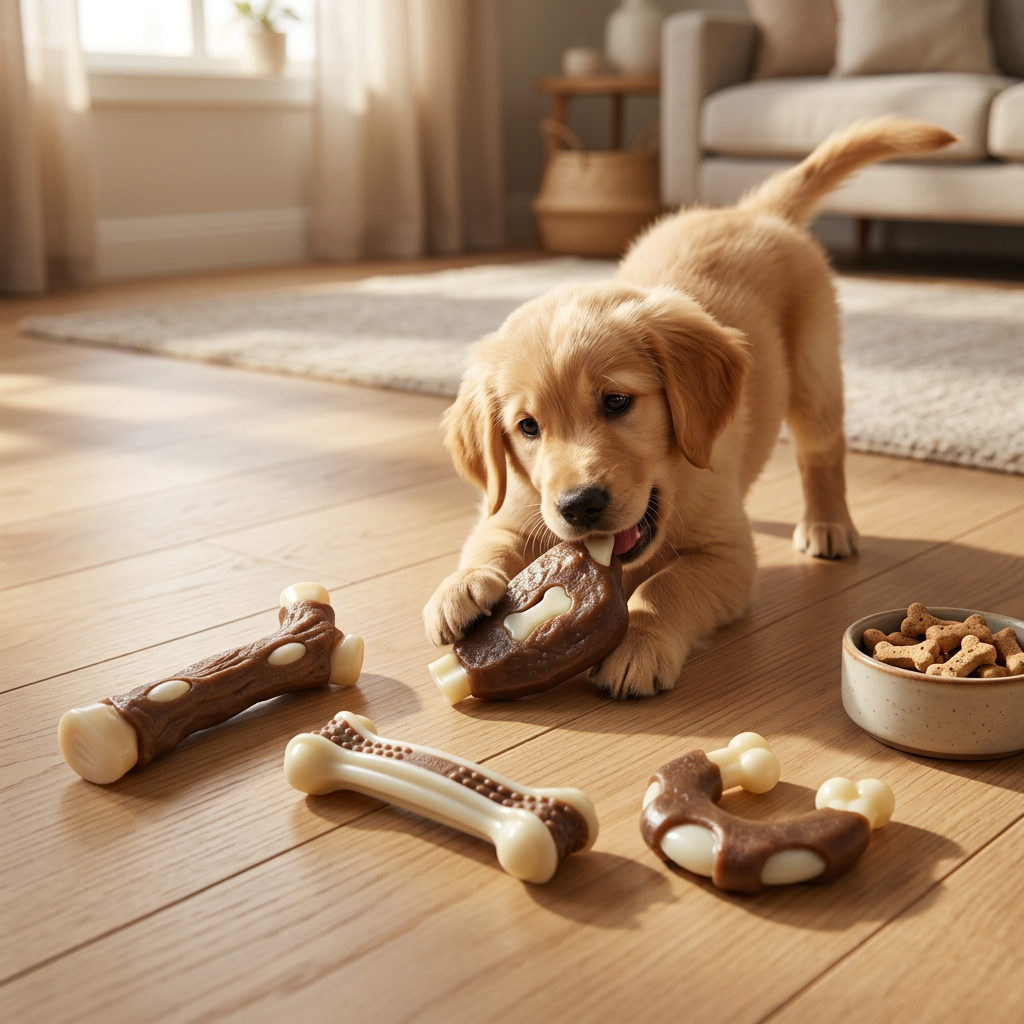 Blinkit Lot de 4 jouets à mâcher pour chien saveur viande, friandise de nettoyage des dents en cuir brut et nylon, soulage l’ennui