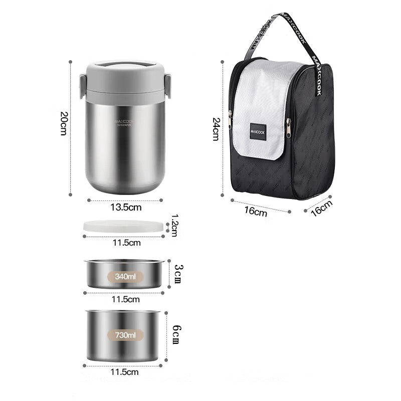 Maxcook Pot alimentaire isotherme en acier inoxydable 316 avec sac repas pour aliments chauds Boîte repas isotherme sous vide en acier inoxydable Thermos à soupe étanche Pot alimentaire isotherme à large ouverture 1,5 L MCTG0863
