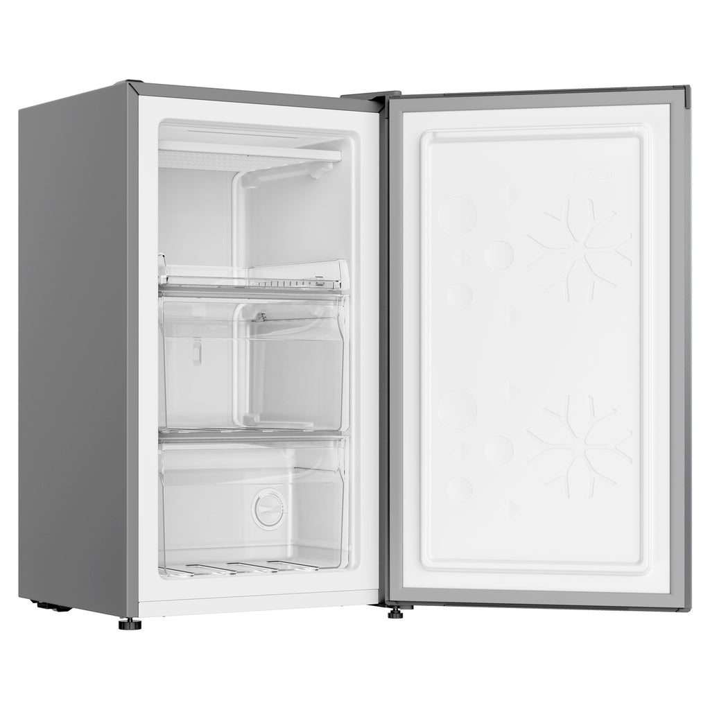 CHiQ JR63DSD Congélateur vertical 63 L, congélation rapide 4 étoiles, design compact 47 cm de large, silencieux 38 dB, dégivrage manuel, porte réversible, finition argent, classe énergétique D