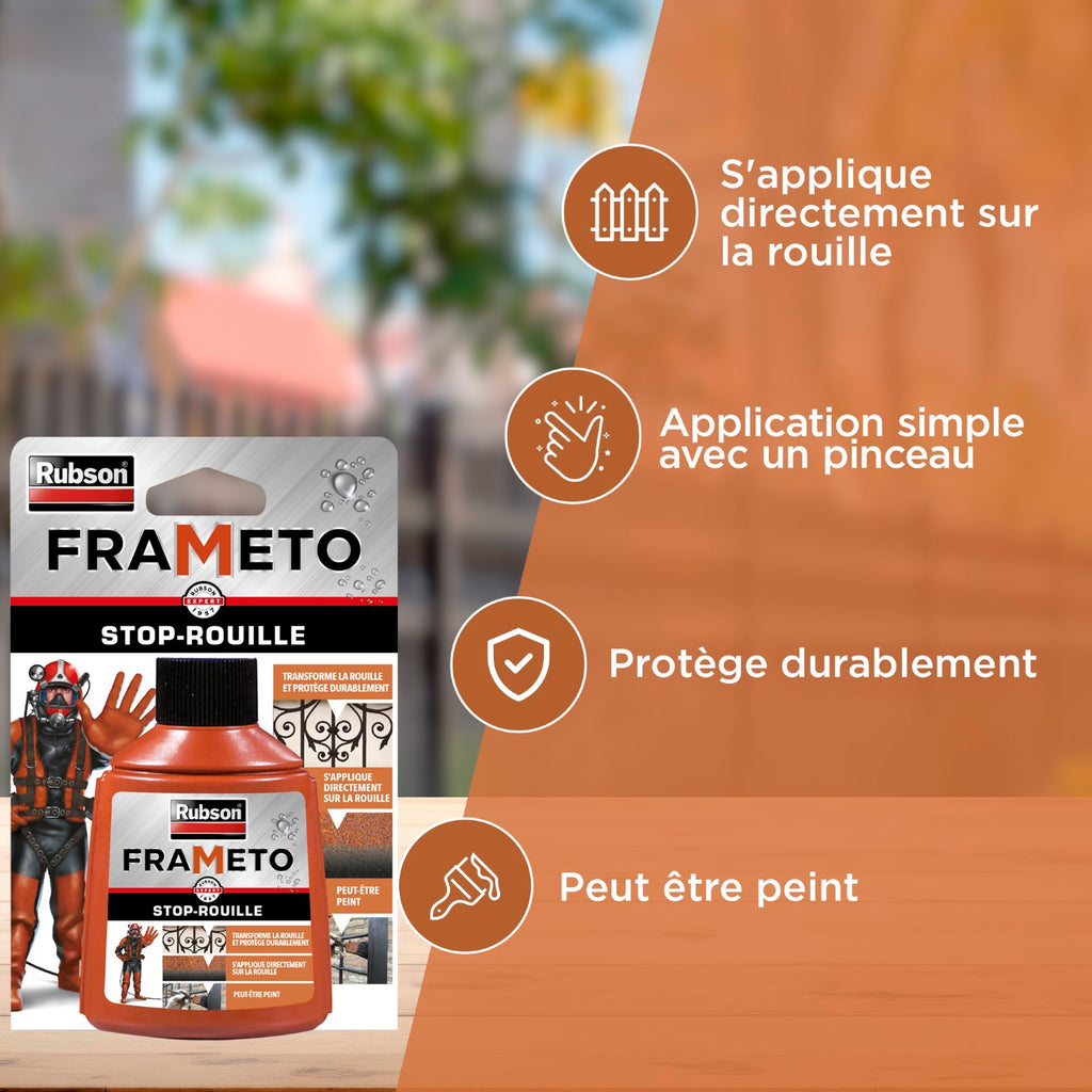 Rubson Frameto Stop-Rouille, Traitement antirouille pour intérieur et extérieur, Convertisseur de rouille à effet immédiat, peut être peint, coloris noir, 90 ml