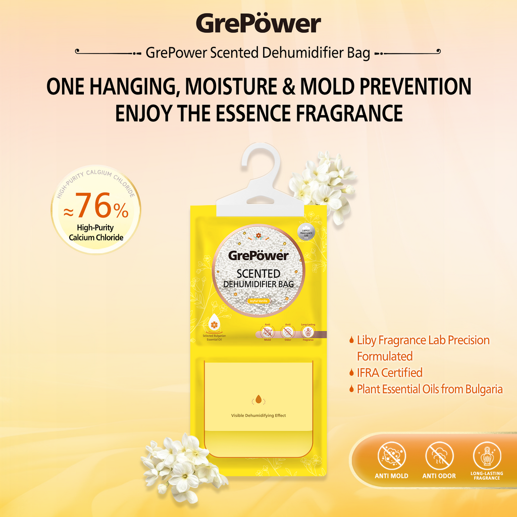 GrePower Saches déshumidifiants à suspendre (parfum vanille), lot de 10, empêchent efficacement l'humidité et la condensation, pour placards, maison, cuisine, garage, chambre