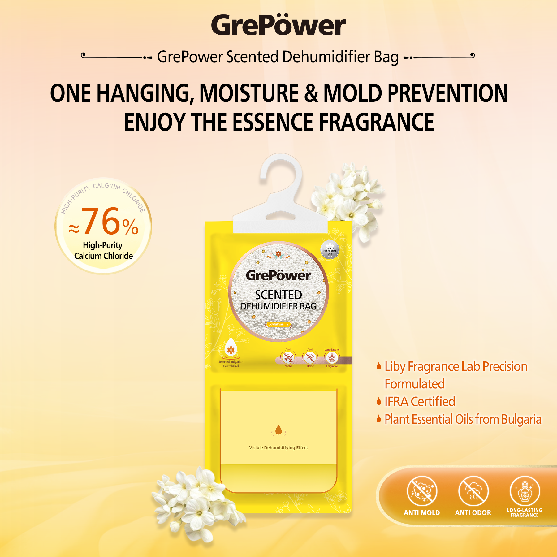 GrePower Saches déshumidifiants à suspendre (parfum vanille), lot de 10, empêchent efficacement l'humidité et la condensation, pour placards, maison, cuisine, garage, chambre