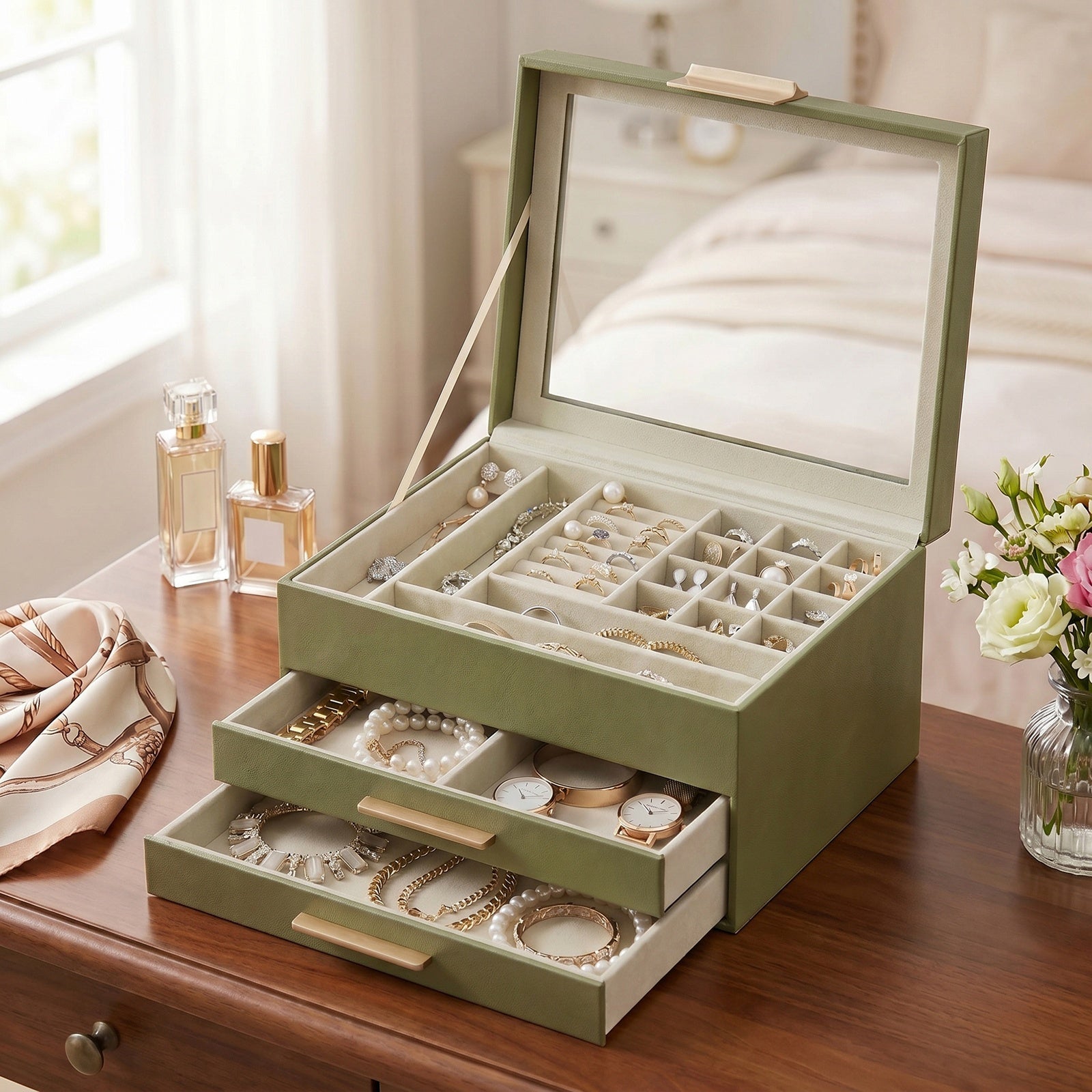 JOYFURNOS Boîte à bijoux avec couvercle en verre – Vert Sauge & Or, 3 niveaux, 2 tiroirs, organiseur de rangement moderne, taille 20,3 x 23,1 x 13,5 cm – excellente idée cadeau