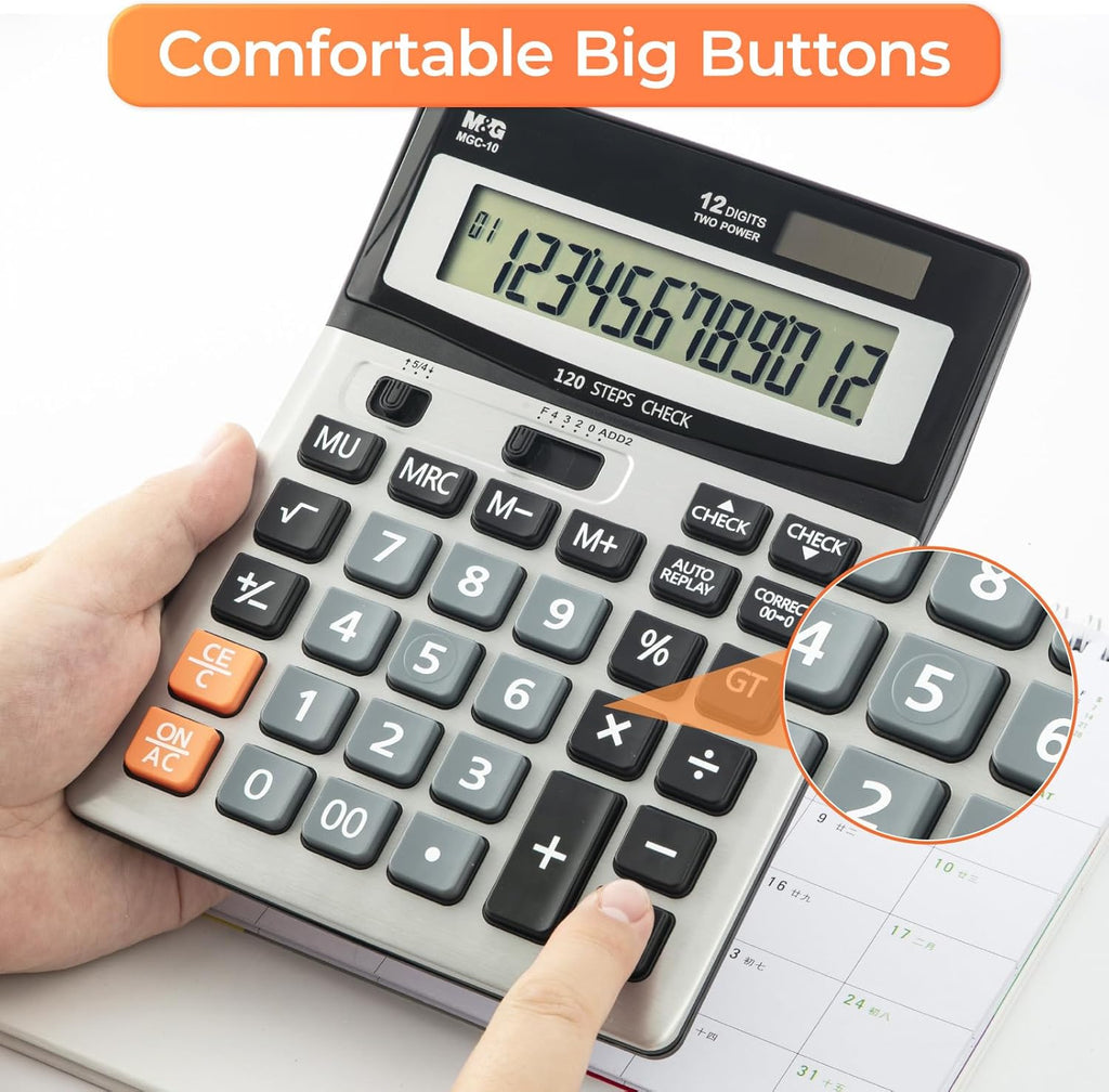 M&G Calculatrice de bureau 12 chiffres avec écran LCD extra-large, fonction de vérification et de correction, double alimentation solaire et batterie, touches larges