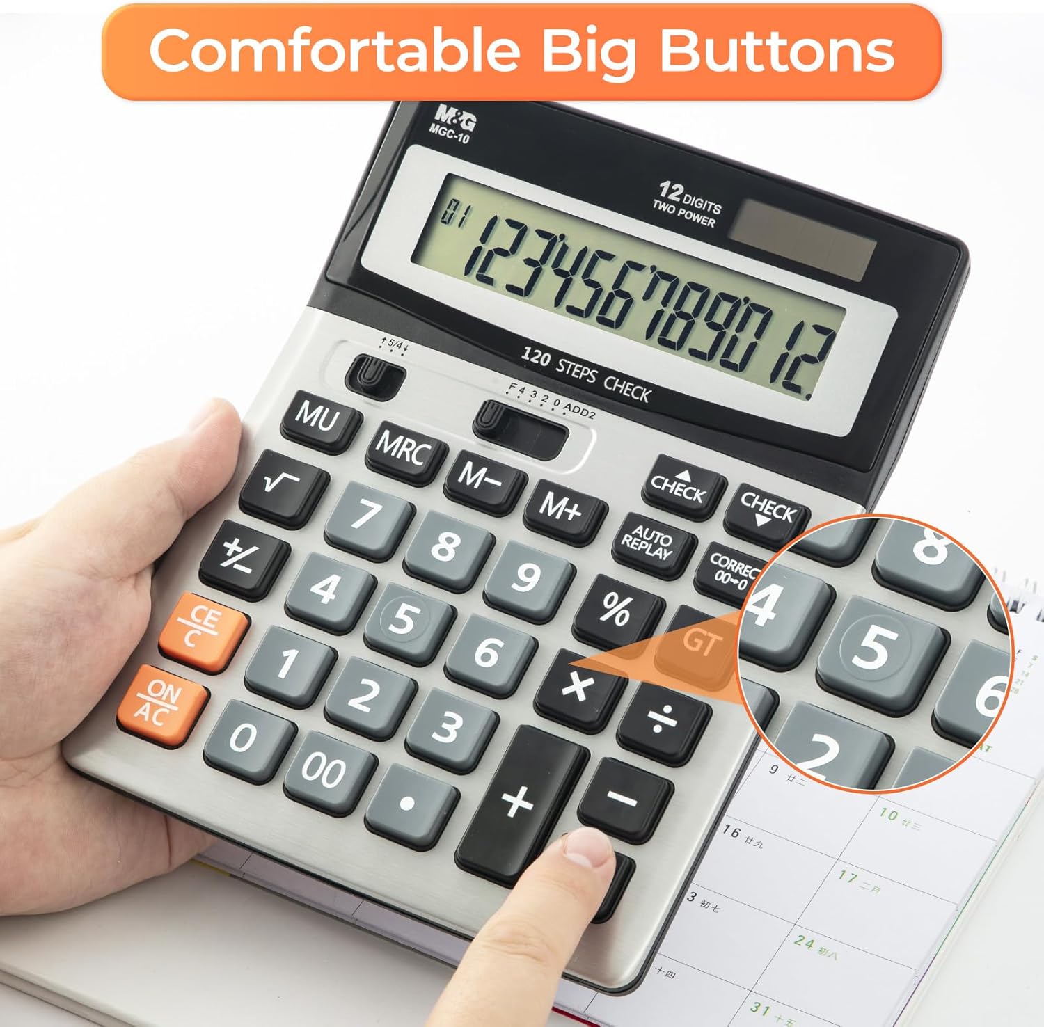 M&G Calculatrice de bureau 12 chiffres avec écran LCD extra-large, fonction de vérification et de correction, double alimentation solaire et batterie, touches larges