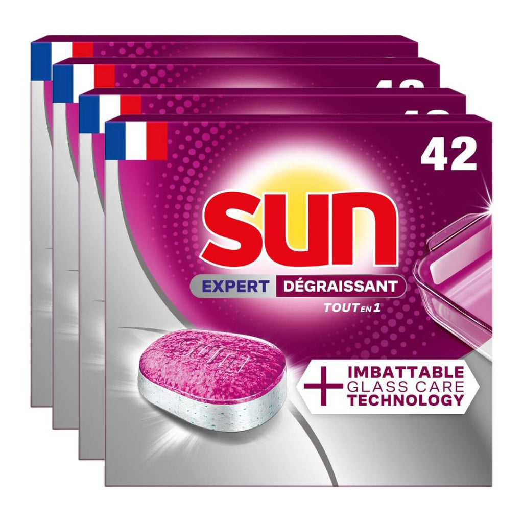 SUN Tout-en-1 Expert Tablettes Lave-vaisselle Dégraissantes Technologie Glasscare 4 x 42 Tablettes (= 168 Tablettes) (168 Lavages)