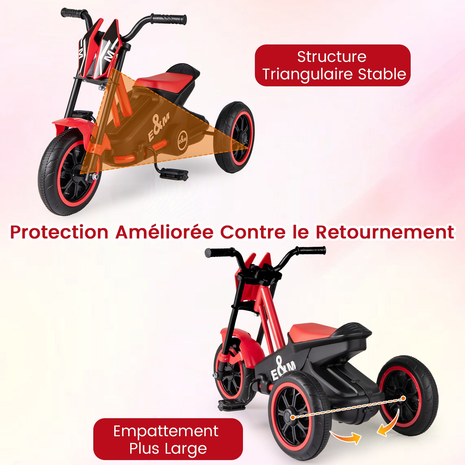 Costway Vélo enfant à trois roues avec pédales et guidon Rouge