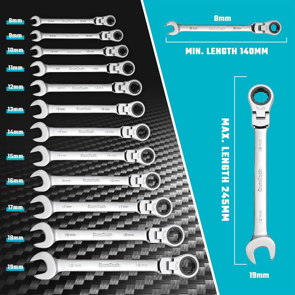 DURATECH Jeu de 12 clés à cliquet à tête flexible, 8-19 mm, Acier Cr-V | Design à tête flexible à 180°, Cliquet à 72 dents, Acier chrome-vanadium, Bout fermé à 12 points