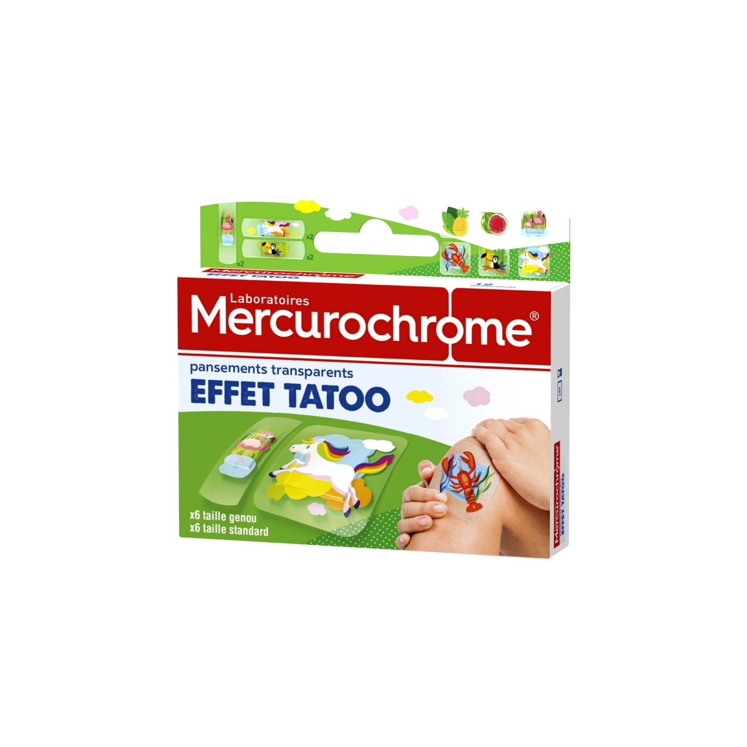 MERCUROCHROME Pansements Enfant Tatouage Transparent Résistant à l'Eau Anti-adhérent X12