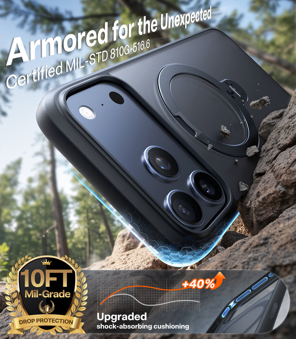 TORRAS Ostand Série Spin pour Coque iPhone 17 Pro Support Magnétique Rotatif à 360° Protection Militaire Finition Mate Antidérapante et Anti-traces de Doigts - Noir