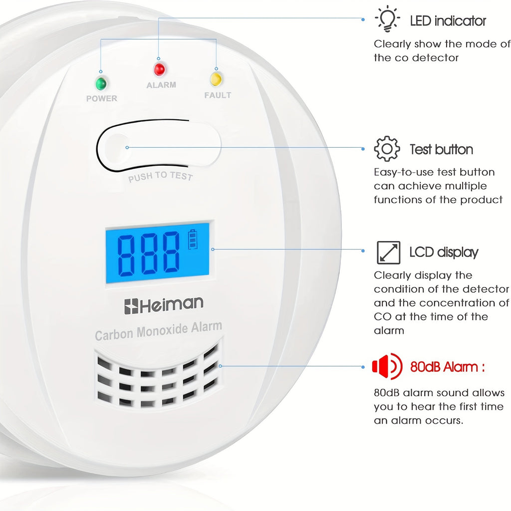 HEIMAN 723ESY Détecteur de monoxyde de carbone avec écran LCD, autonomie batterie 5 ans, capteur 10 ans et bouton test