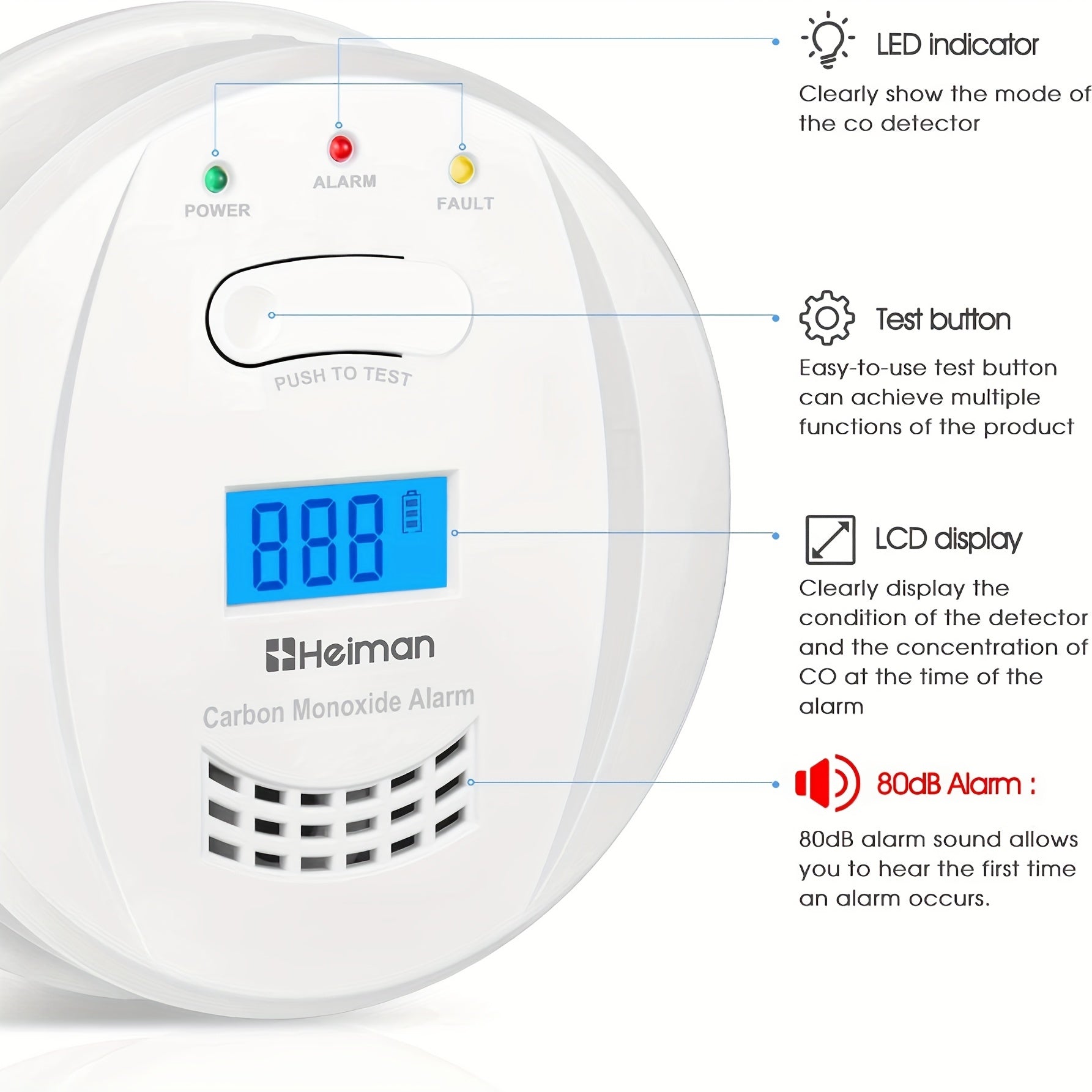 HEIMAN 723ESY Détecteur de monoxyde de carbone avec écran LCD, autonomie batterie 5 ans, capteur 10 ans et bouton test